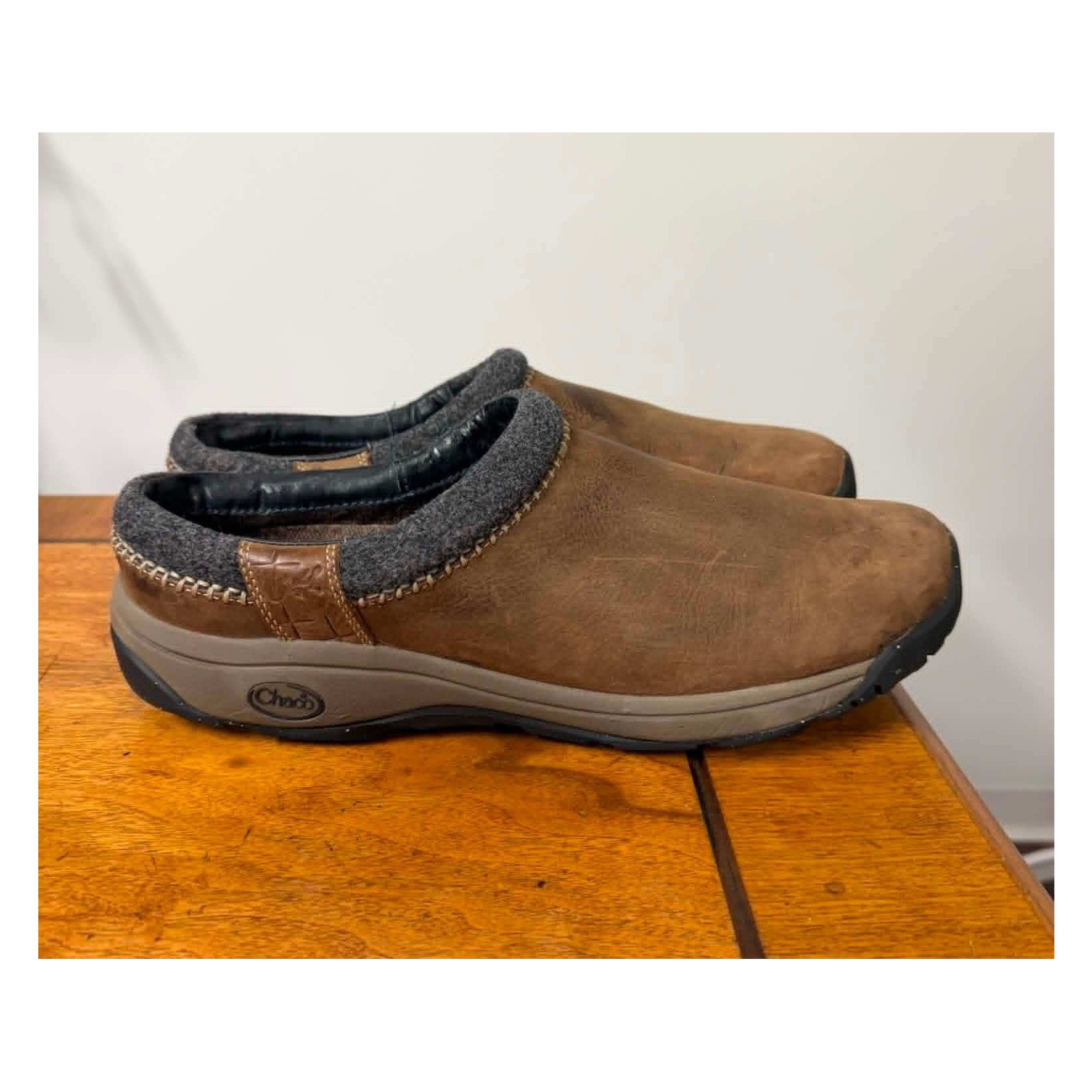 Chaco Men's 13 Paonia Clog Teak Brown Leather Wool Collar Slip On Shoes